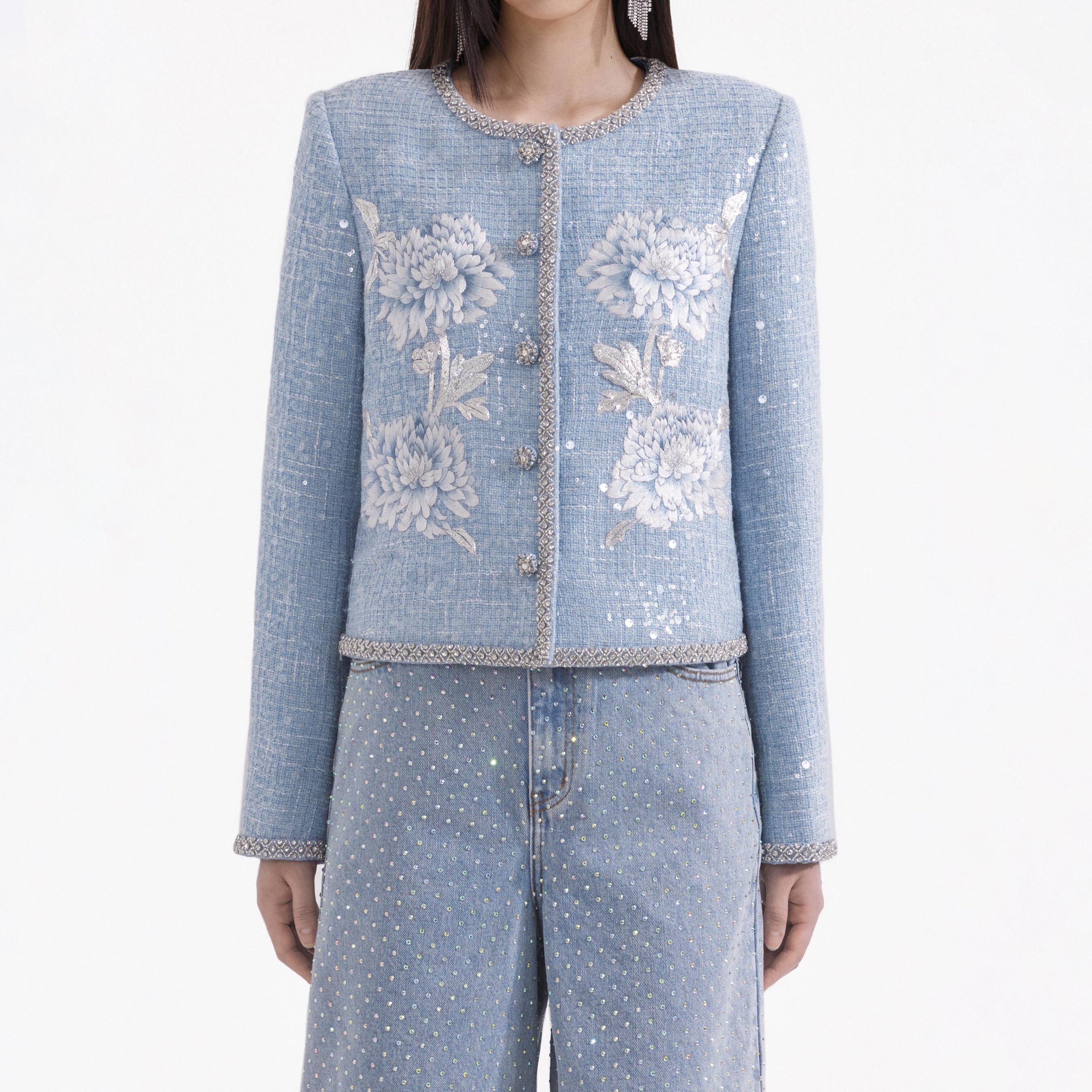 Blue Hand Embroidered Chrysanthemum Boucle Jacket