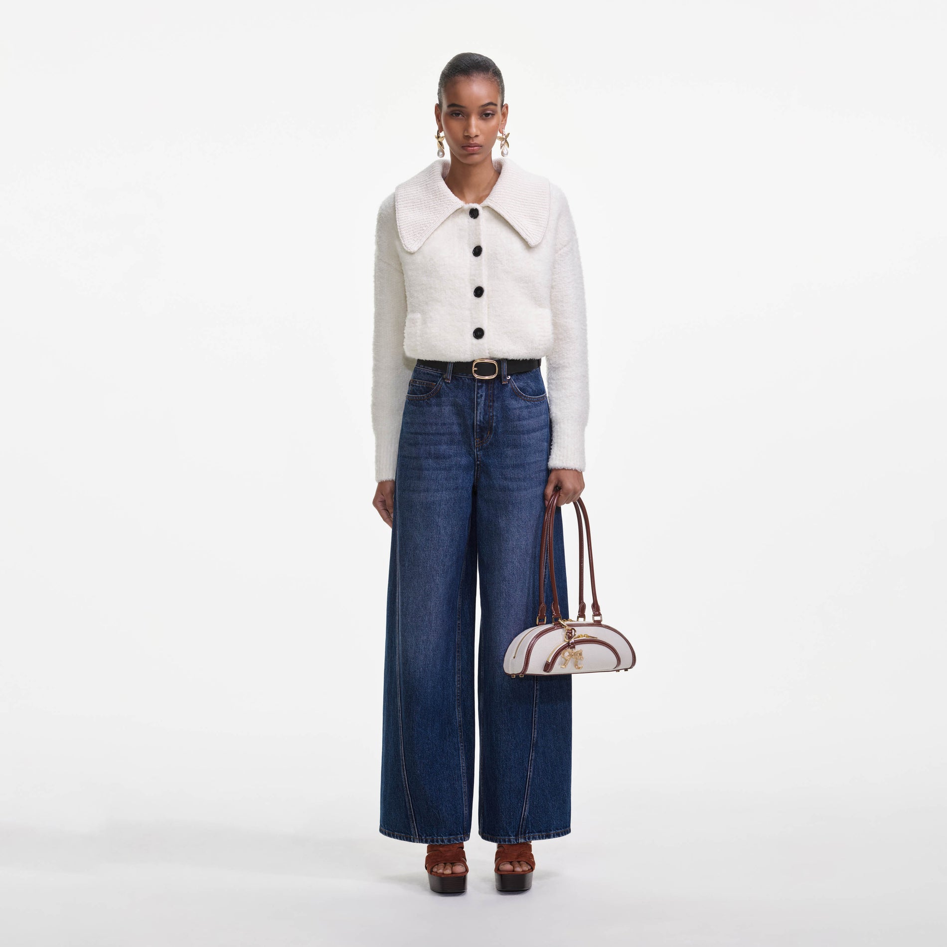 Front view of a woman wearing the Cream Fluffy Knit Cardigan