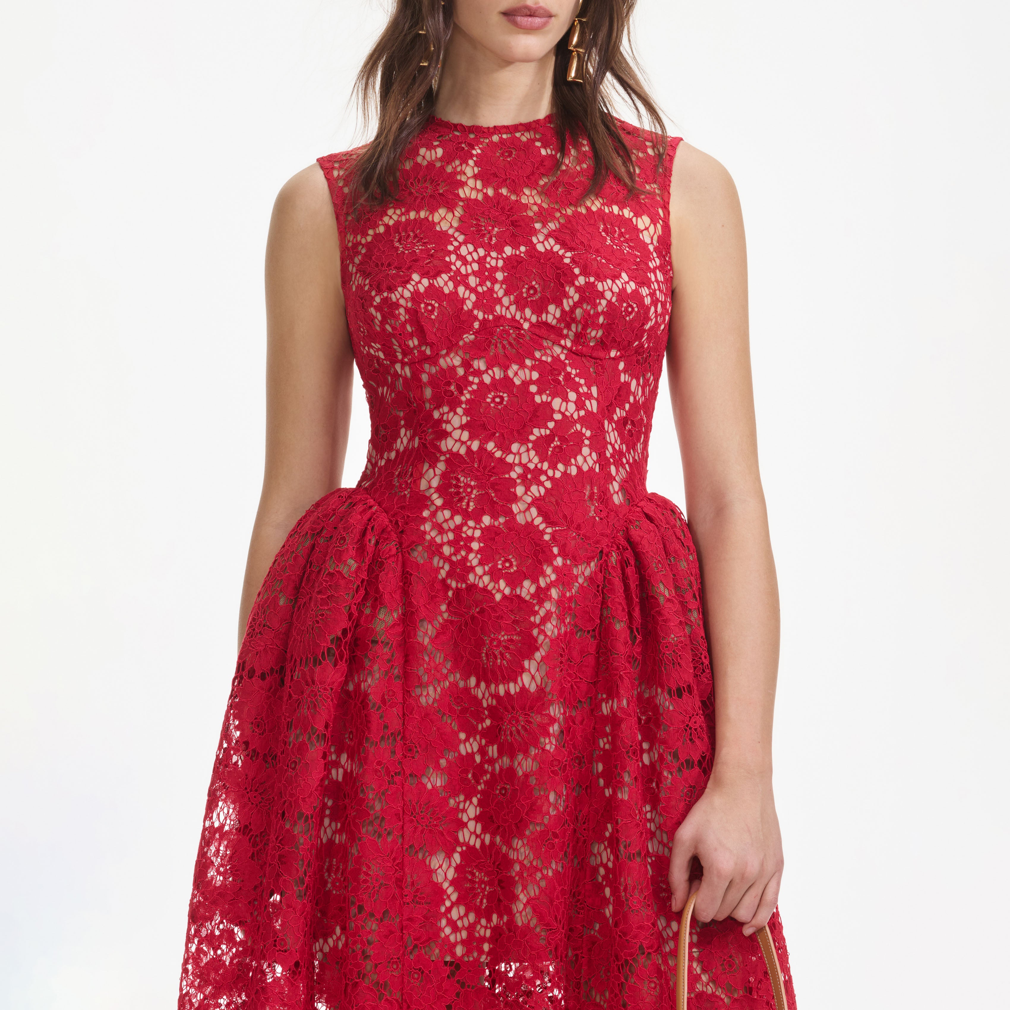 Red Fine Lace Midi Dress