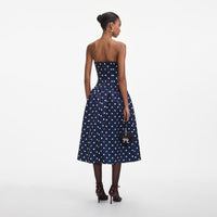 Navy Polka Dot Satin Midi Dress