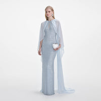 Pale Blue Rhinestone Cape Maxi Dress