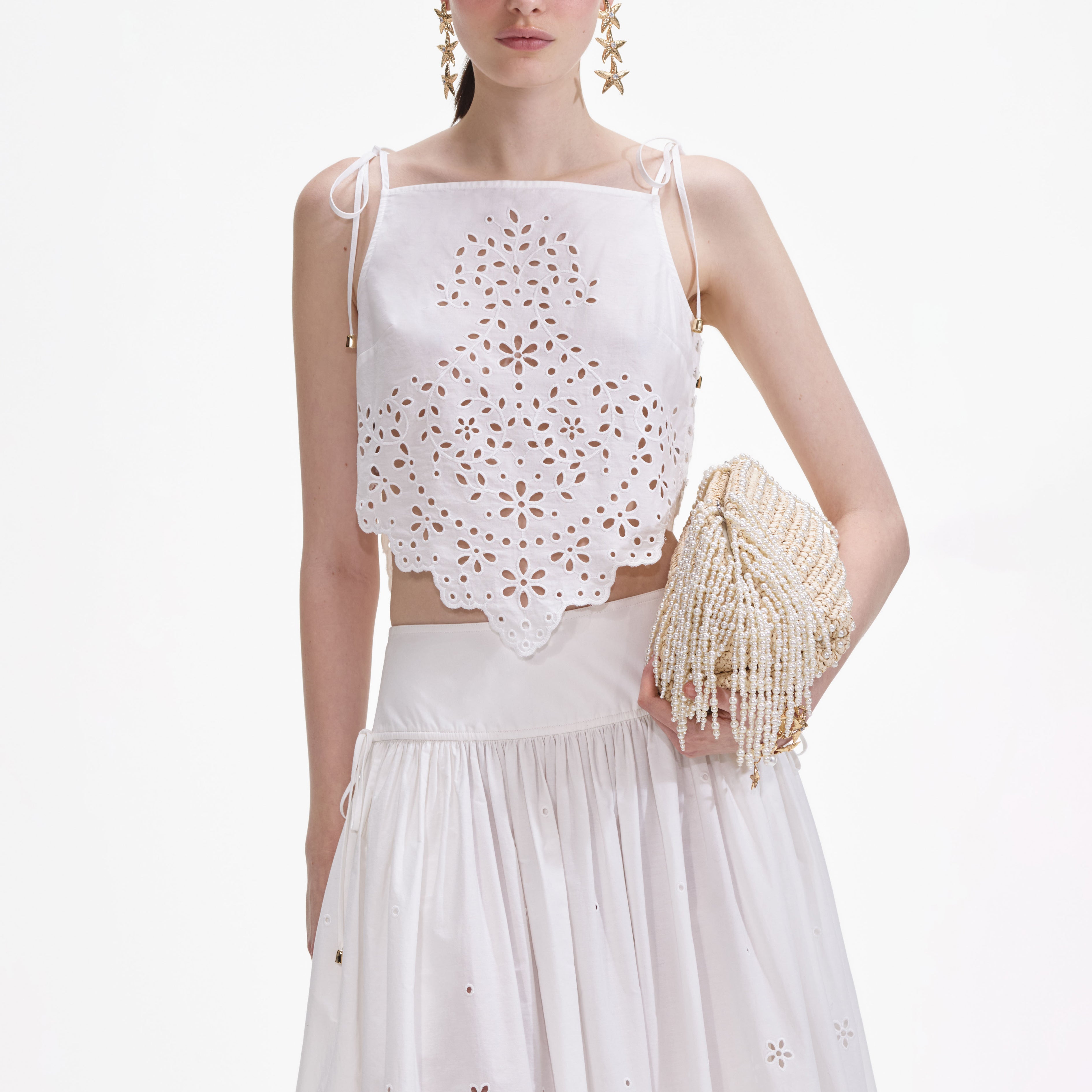 White Cotton Embroidered Midi Skirt