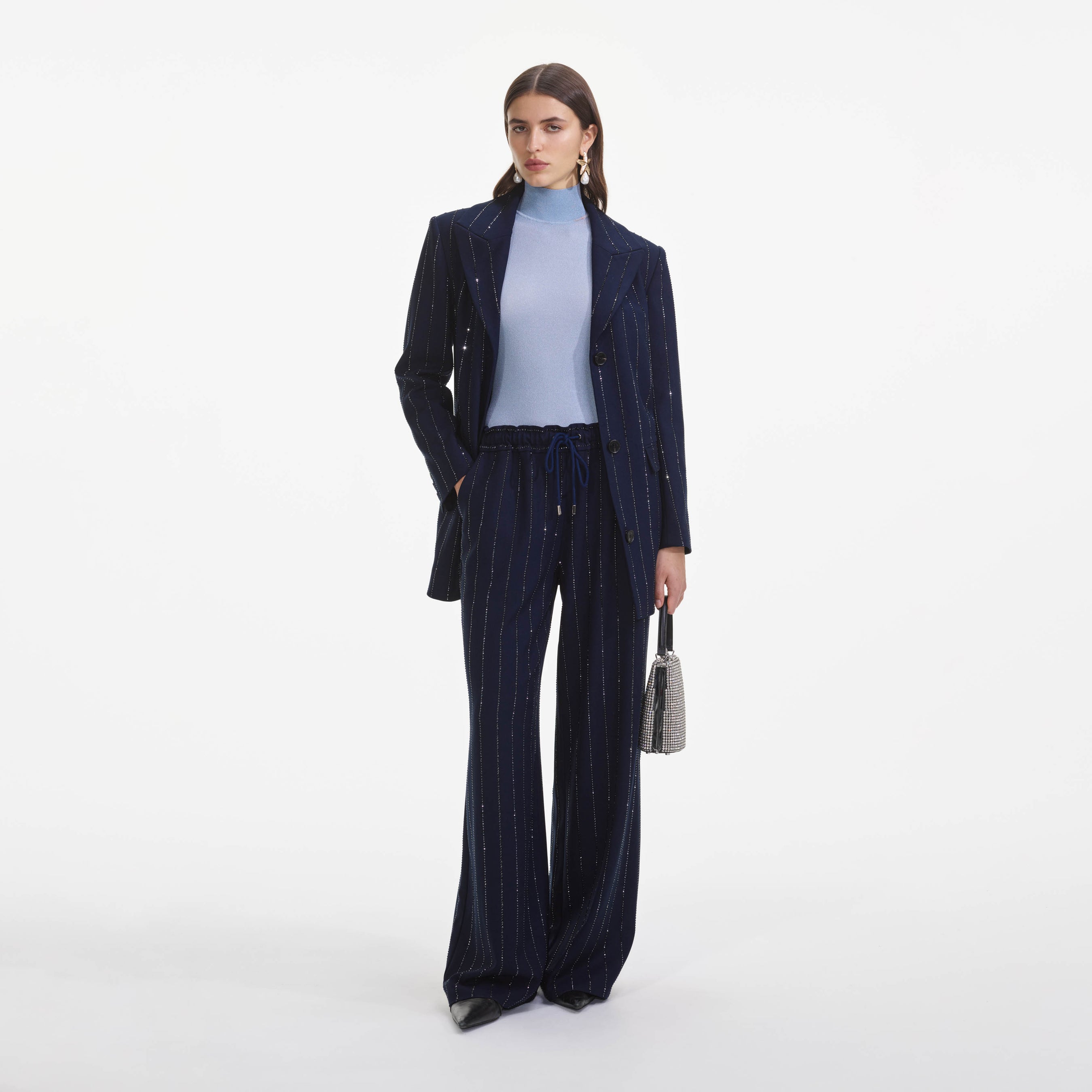 Navy Rhinestone Pinstripe Trousers