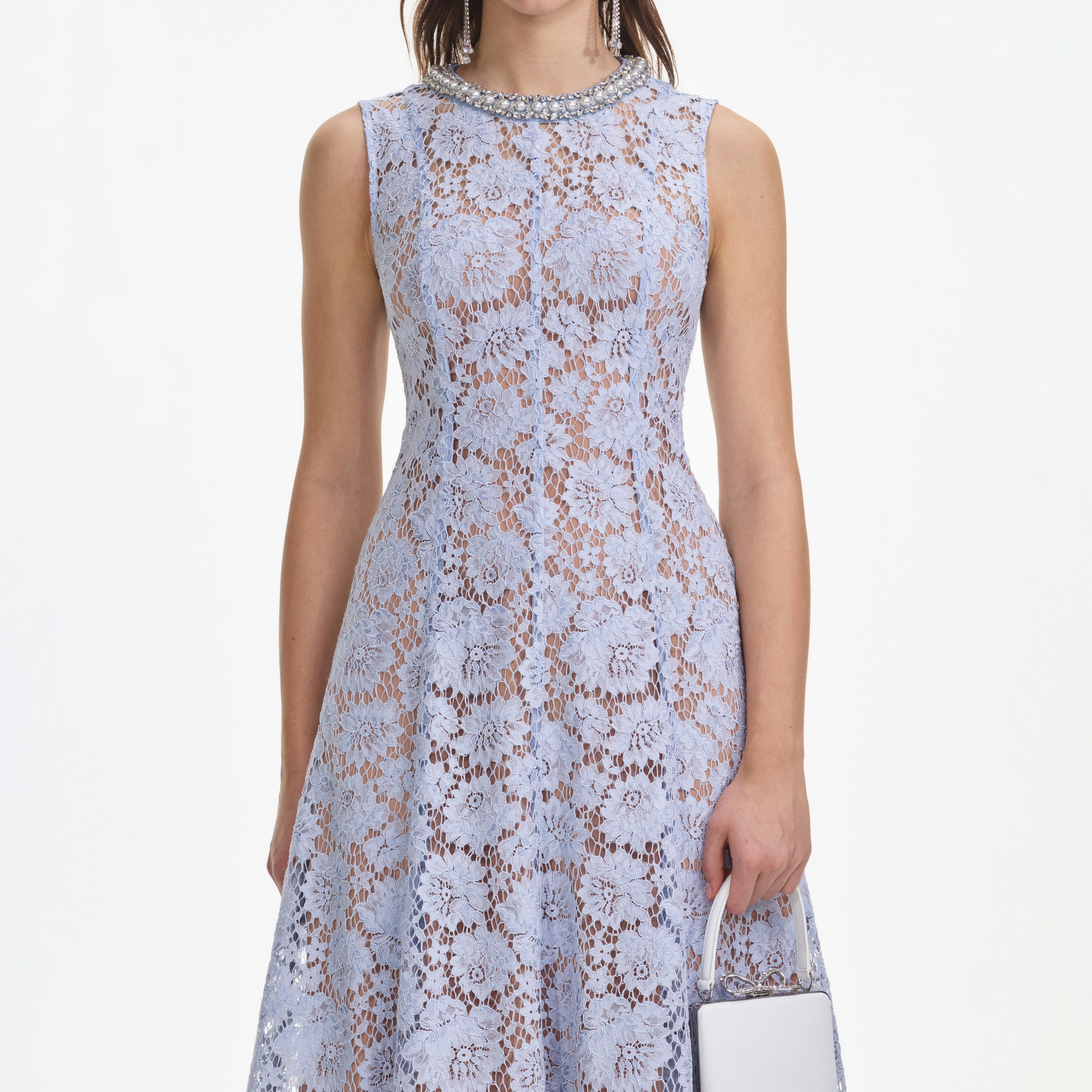 Blue Fine Lace Pearl Midi Dress