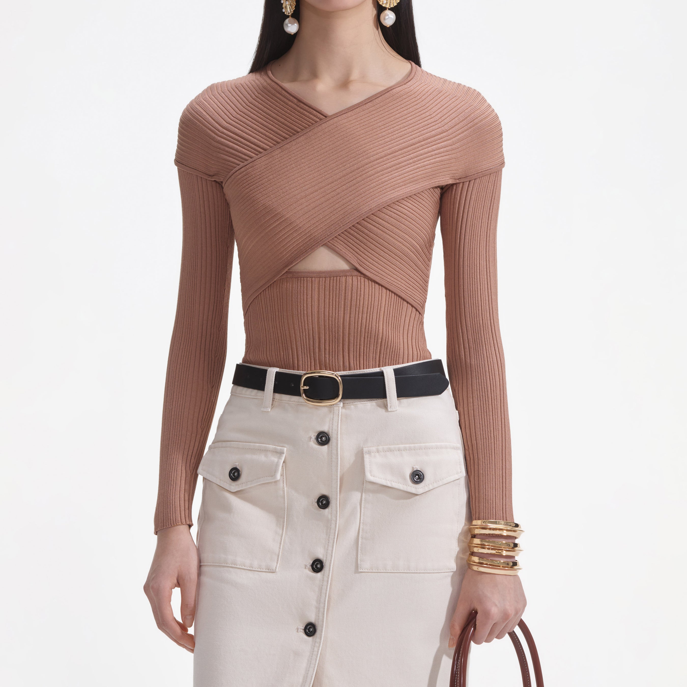 Beige Ribbed Knit Wrap Top