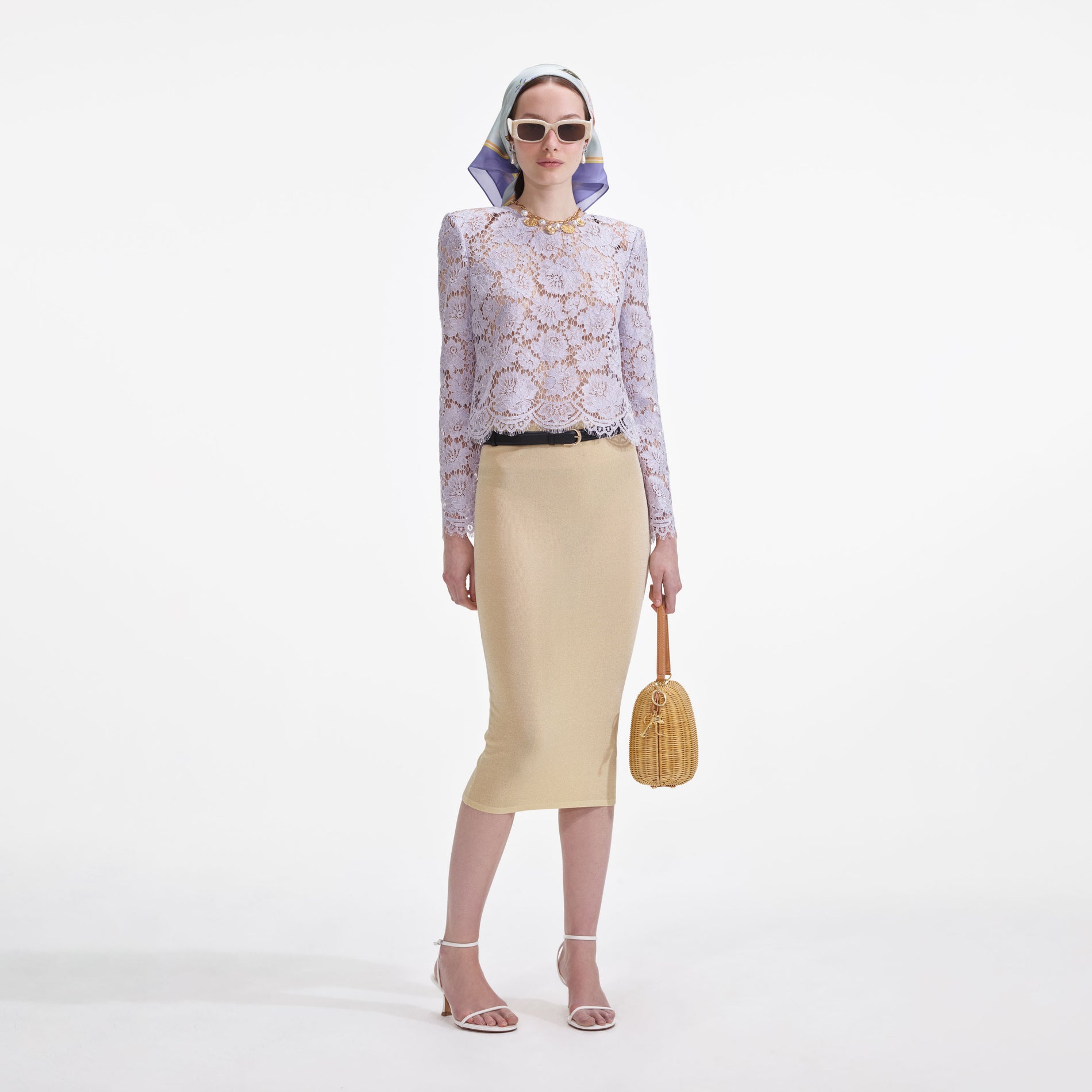 Front view of a woman wearing the Yellow Viscose Knit Midi Skirt