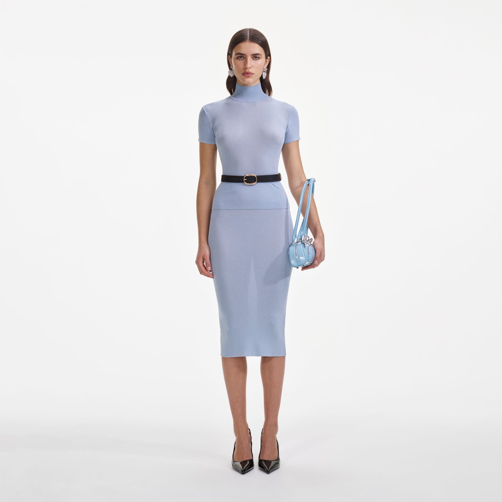 Front view of a woman wearing the Blue Viscose Knit Midi Skirt