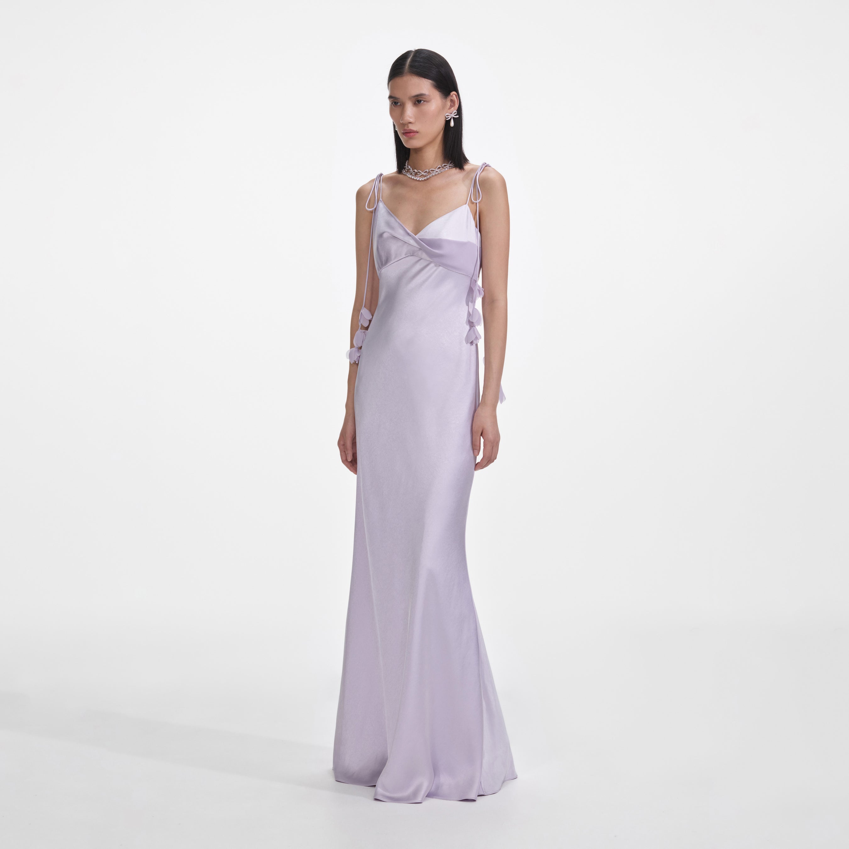 Lilac Flower Satin Maxi Dress