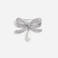 Crystal Bow Pearl Droplet Brooch