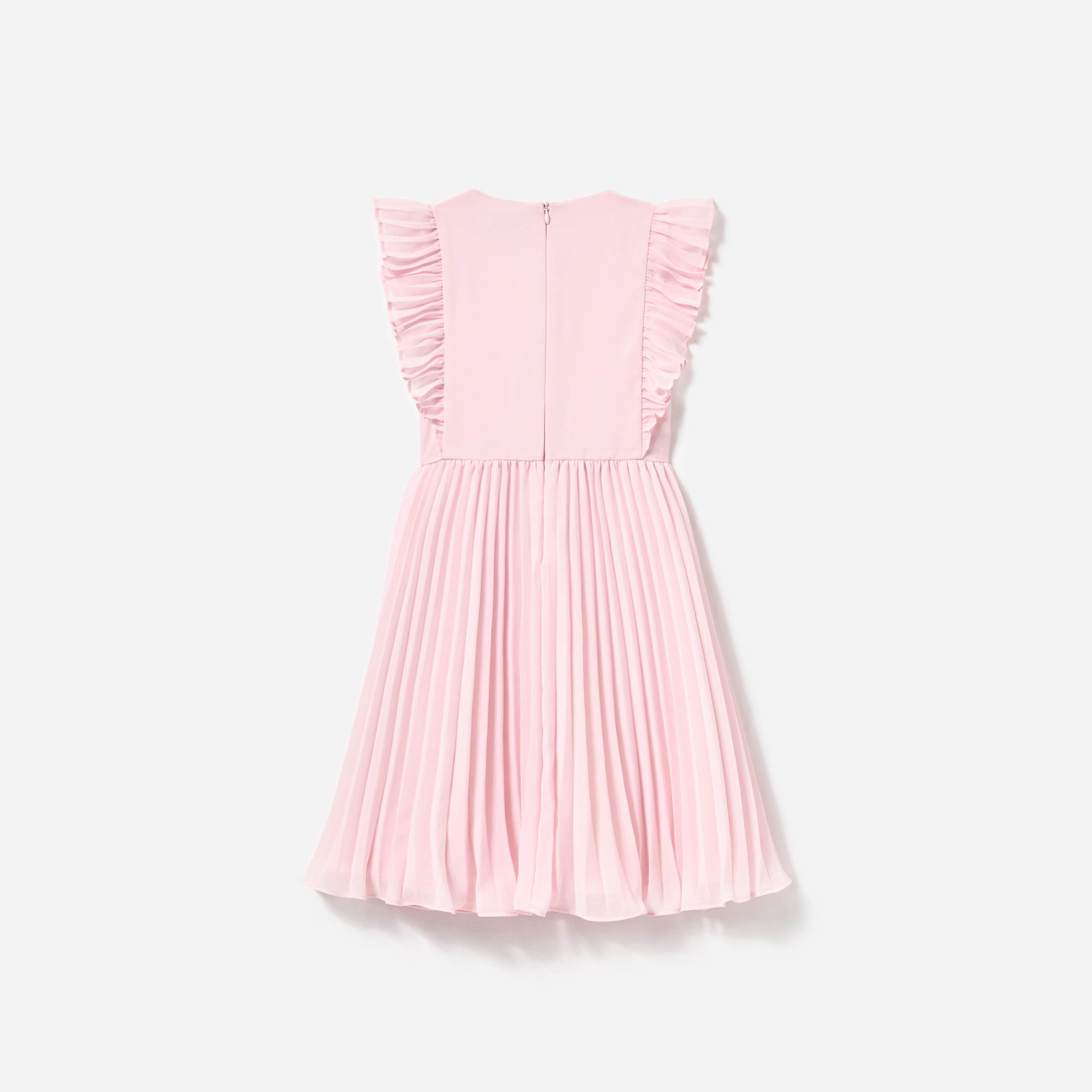 Side view of a woman wearing the Pink Chiffon Pleated Bow Dress