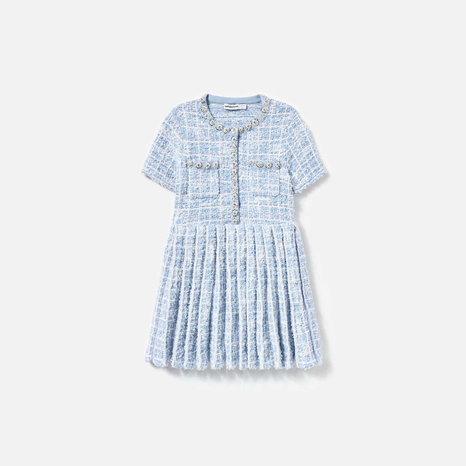 Front view of a woman wearing the Blue Check Knit Dress