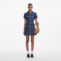 Denim Diamante Bow Collared Mini Dress