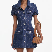 Denim Diamante Bow Collared Mini Dress