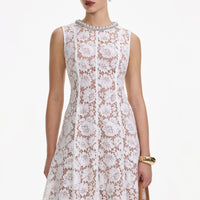 White Fine Lace Pearl Midi Dress