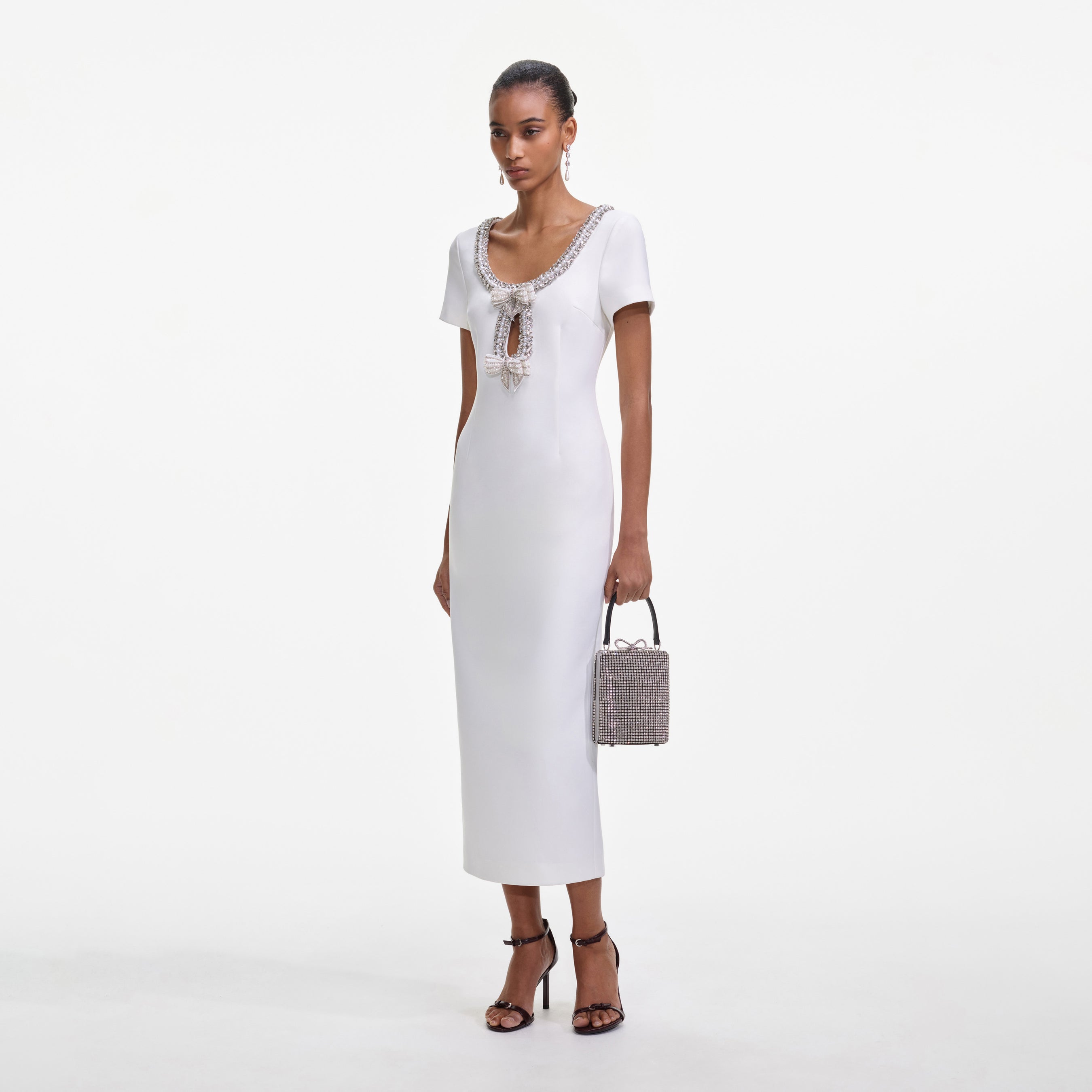 White Crepe Bow Midi Dress