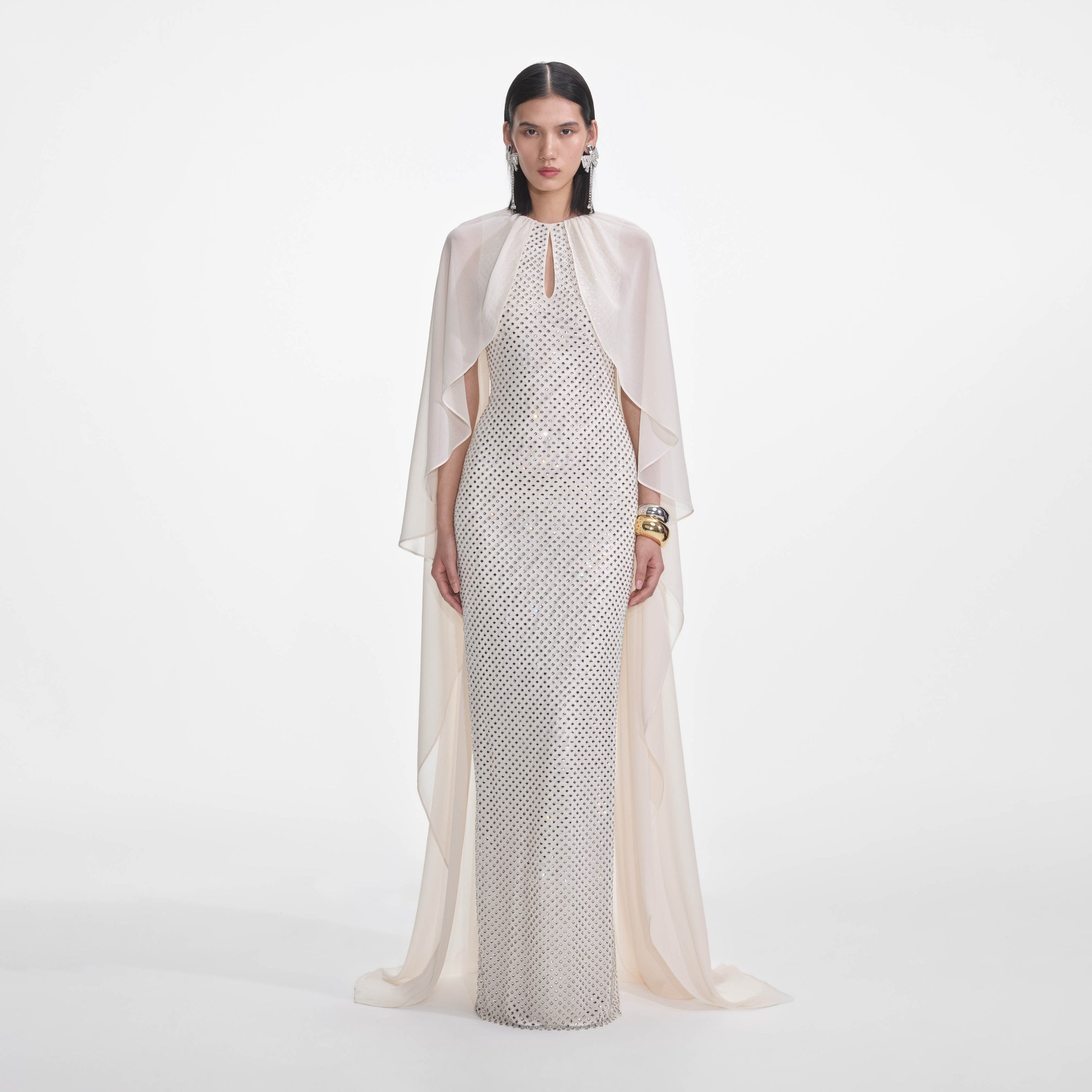 Cream Rhinestone Cape Maxi Dress