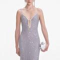 Grey Square Rhinestone Fishnet Maxi Dress