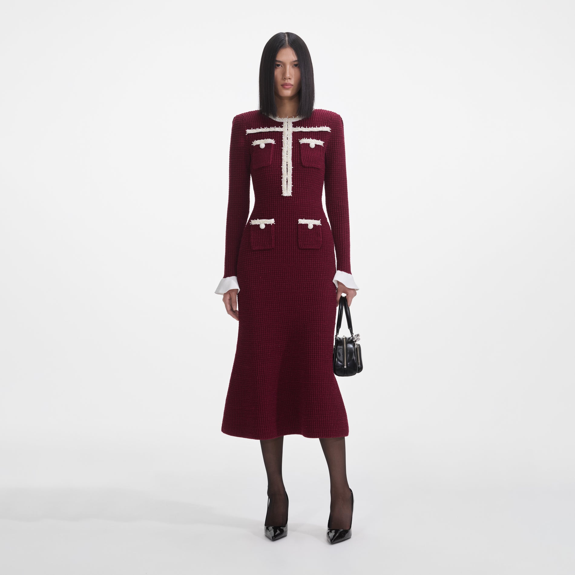 Burgundy Pearl Trim Knit Midi Dress