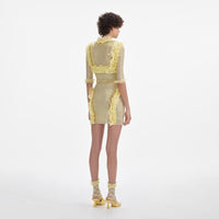 Yellow Rhinestone Mesh Ruffle Mini Dress