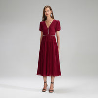 Burgundy Chiffon Pleated Midi Dress