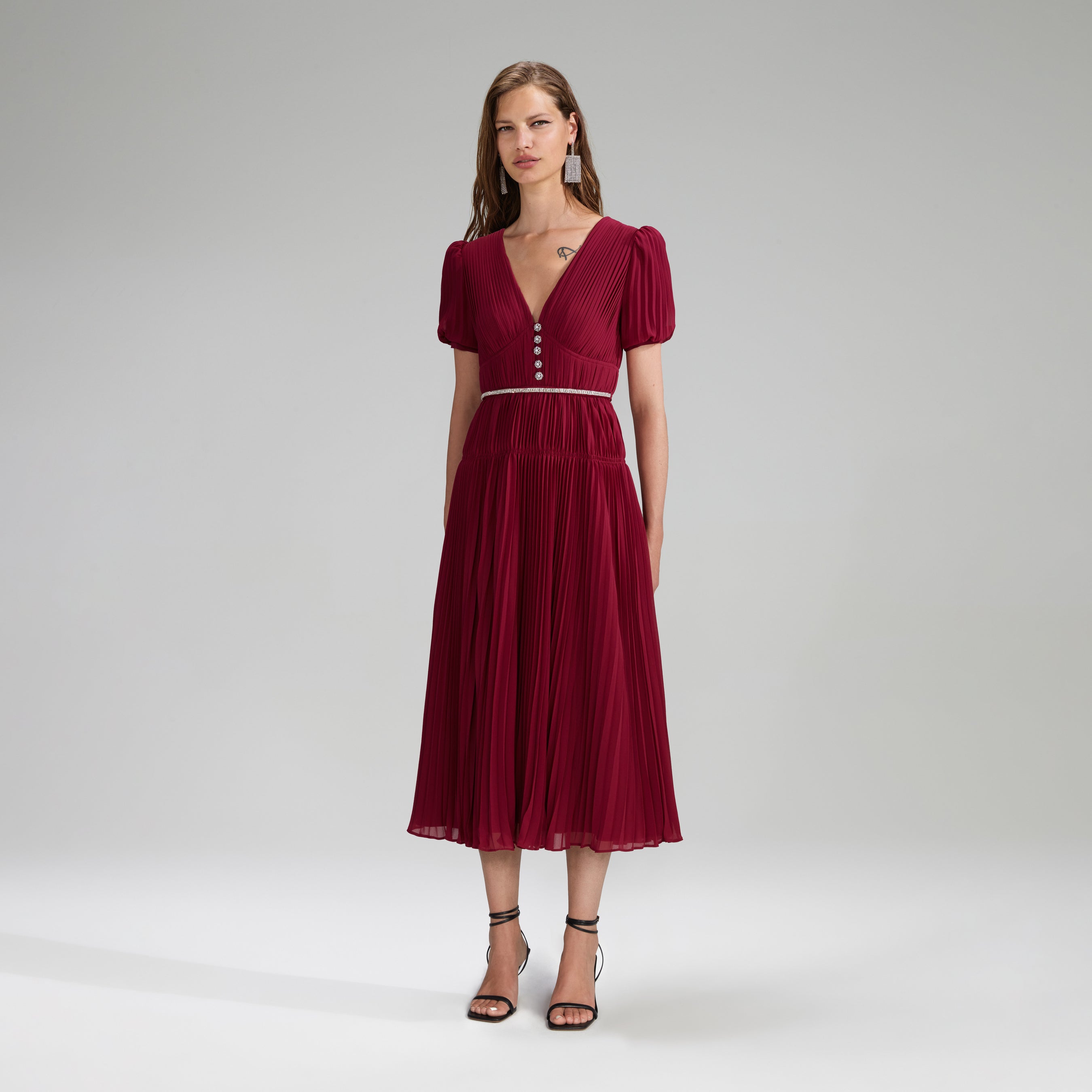 Burgundy Chiffon Pleated Midi Dress