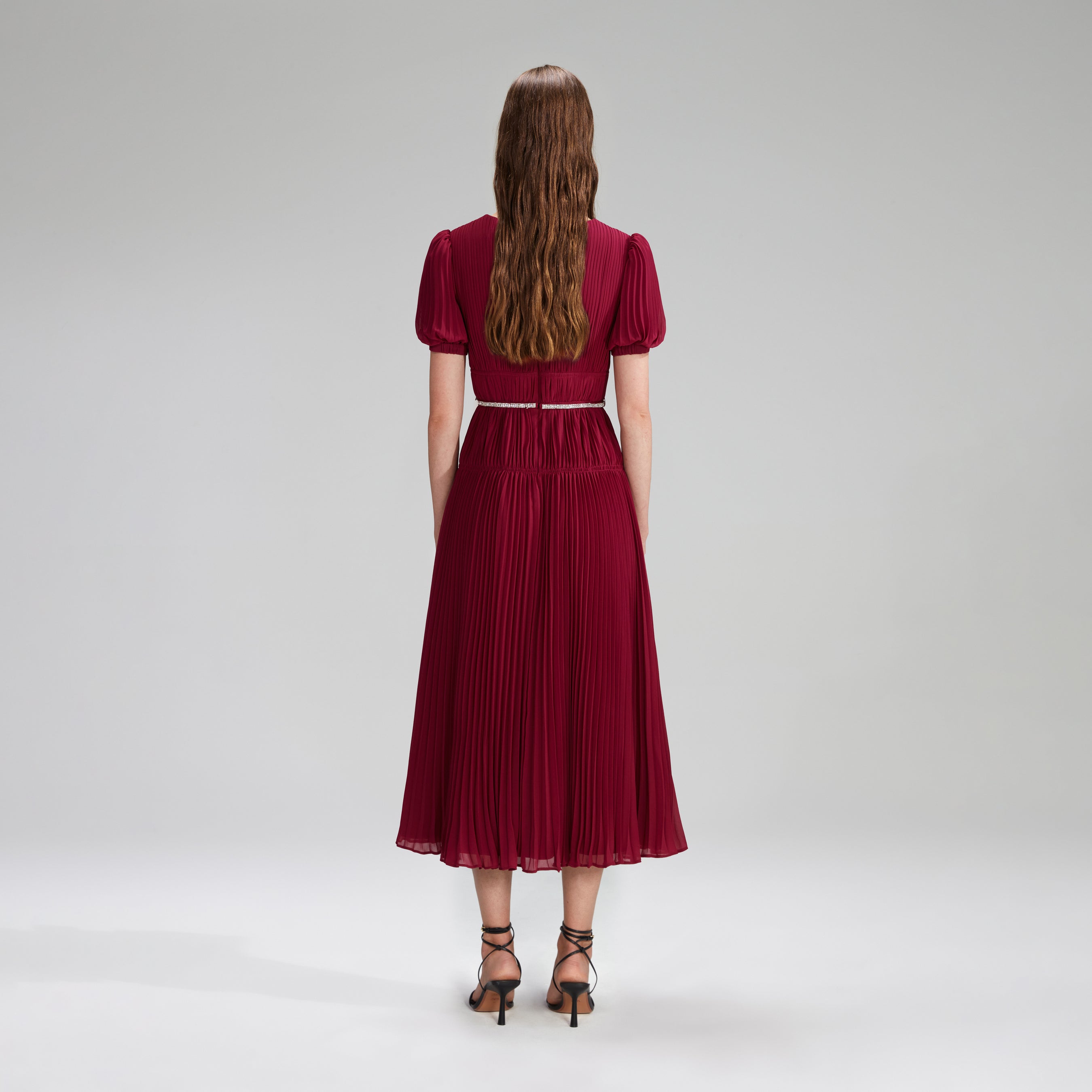 Burgundy Chiffon Pleated Midi Dress