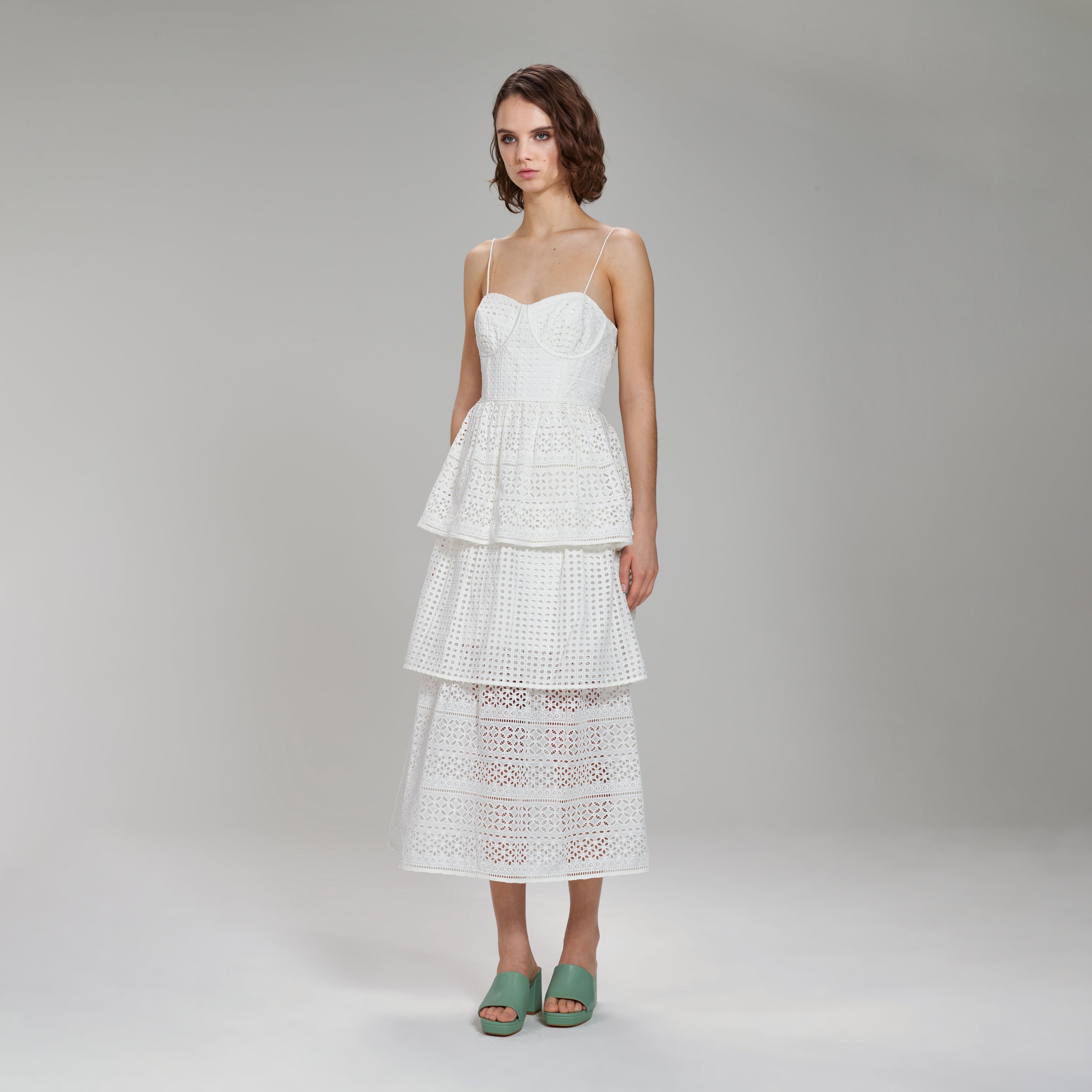 White Cotton Broderie Anglaise Midi Dress