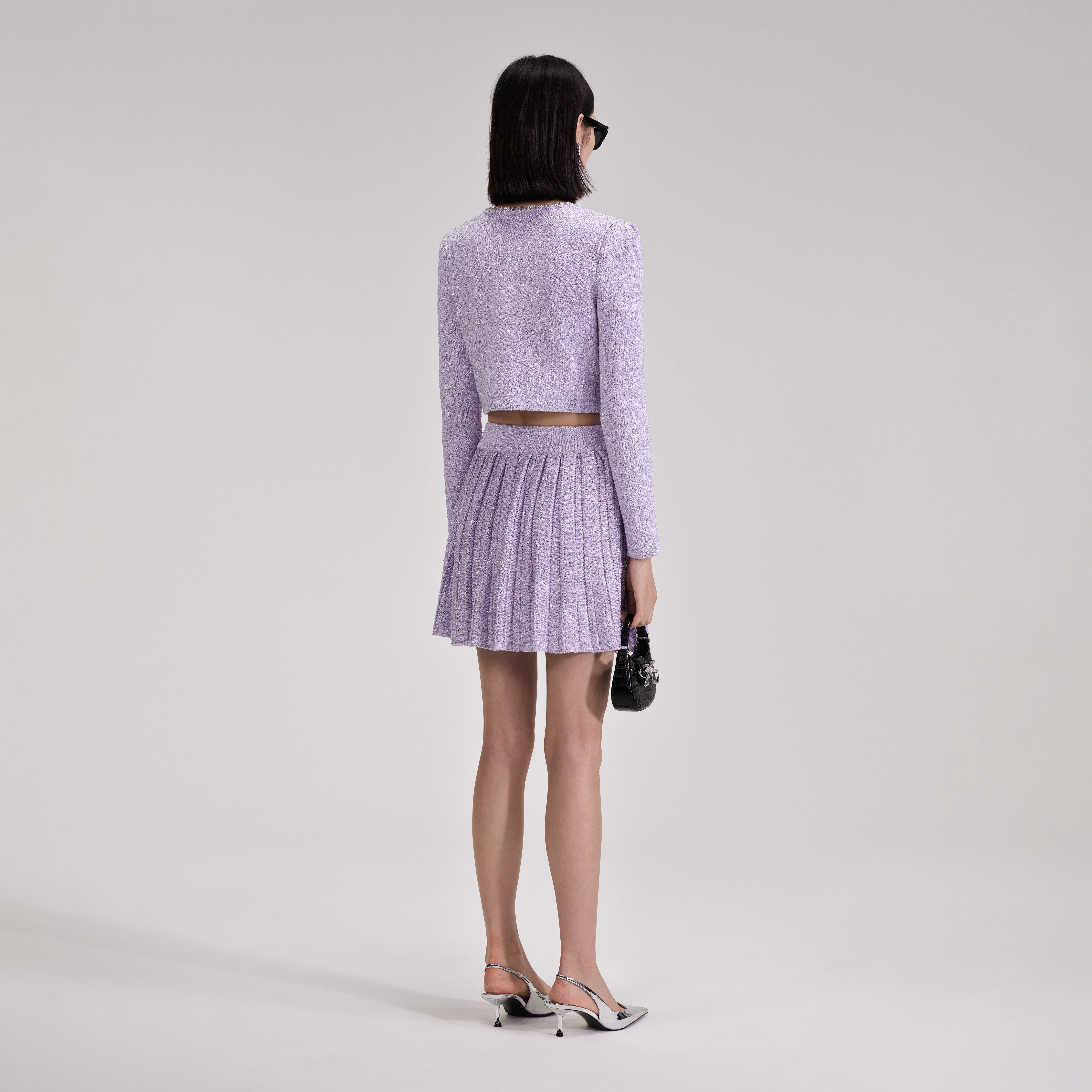 Lilac Sequin Pleated Knit Skirt – self-portrait