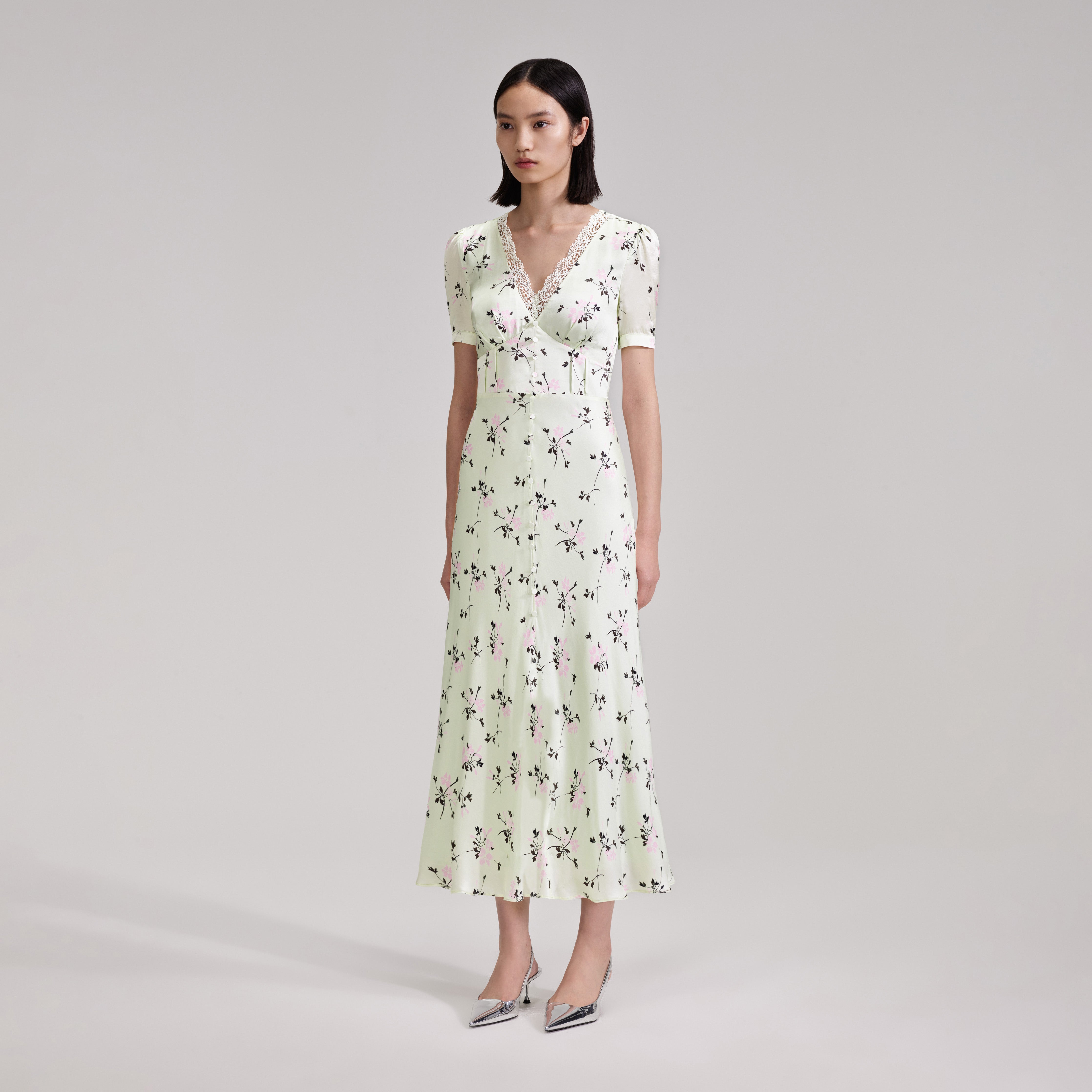 Green Floral Print Lace Detail Midi Dress – self-portrait