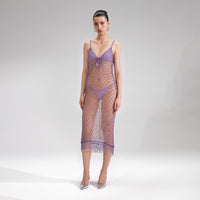 Purple Beaded Fishnet Midi Dress