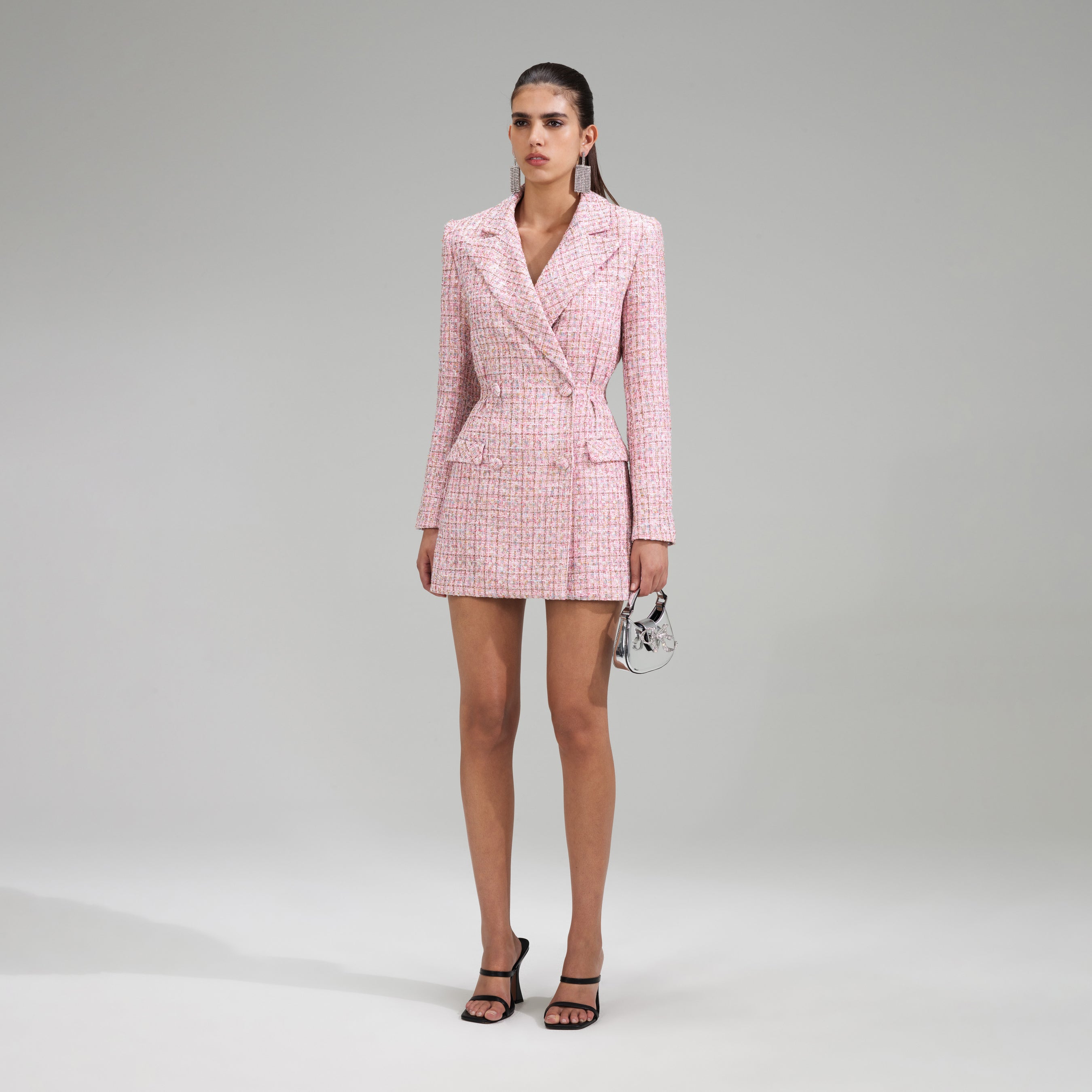 Pink V Neck Boucle Tailored Mini Dress