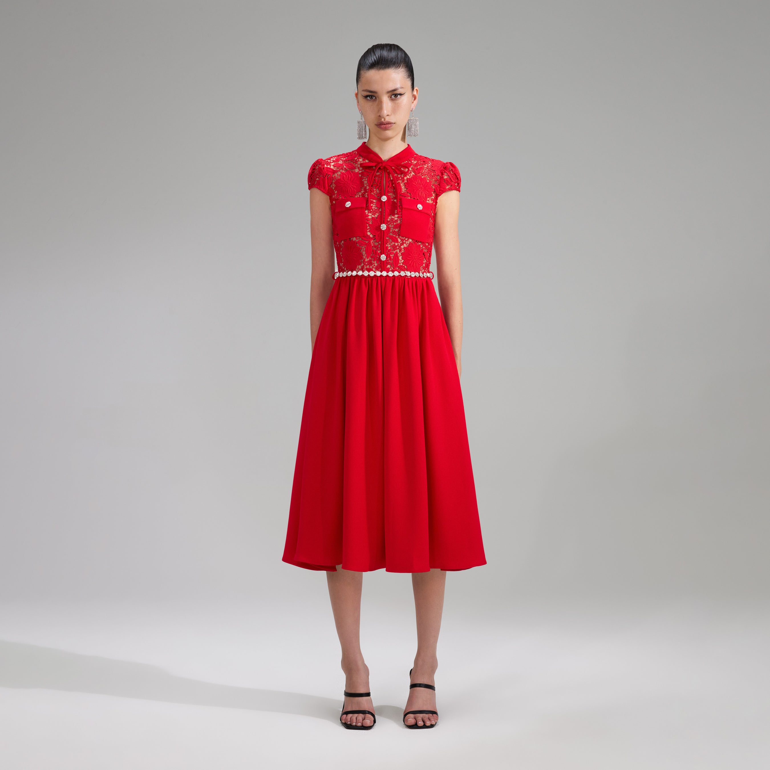 Red Lace Cotton Midi Dress