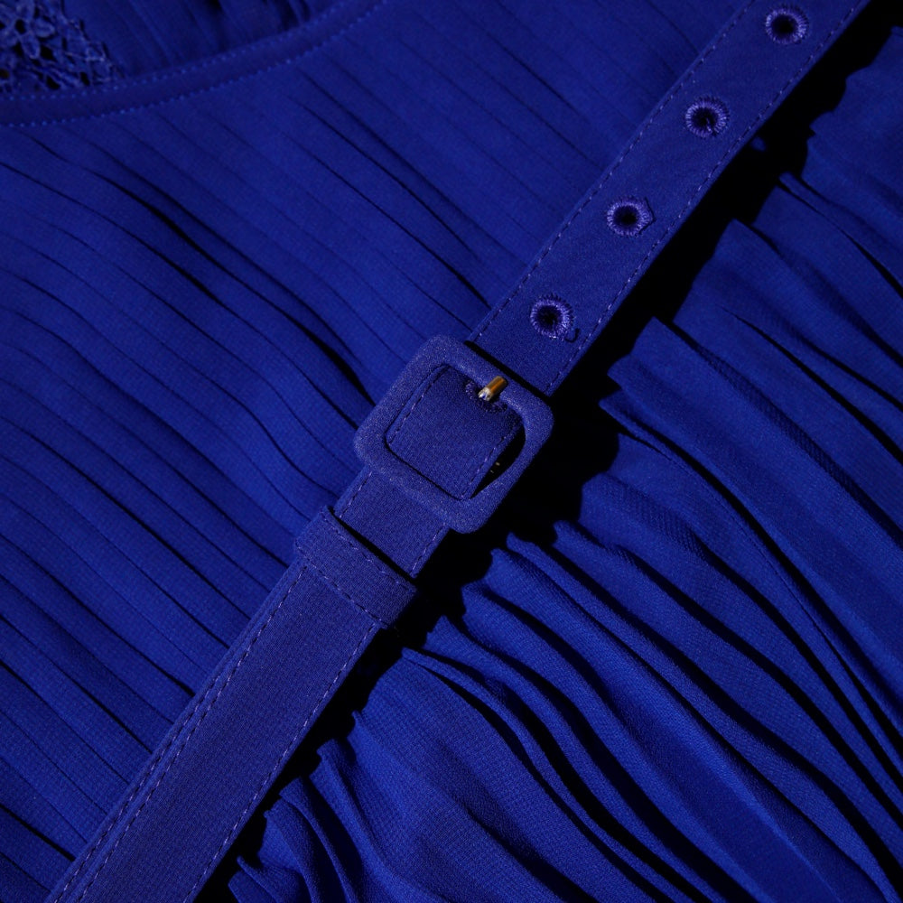 Navy Chiffon Midi Dress Lace Detail