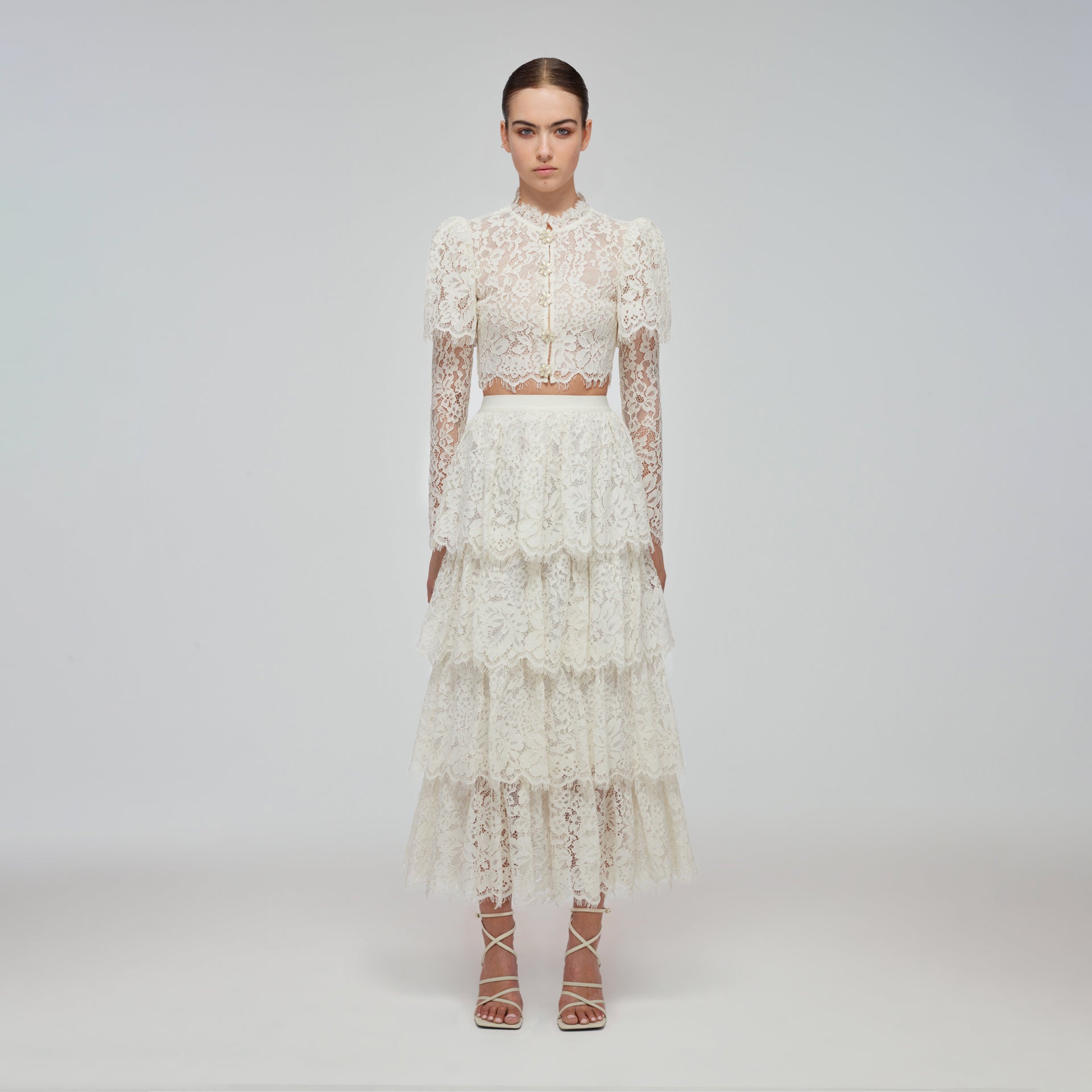 Ivory Corded Lace Tiered Midi Skirt – self-portrait