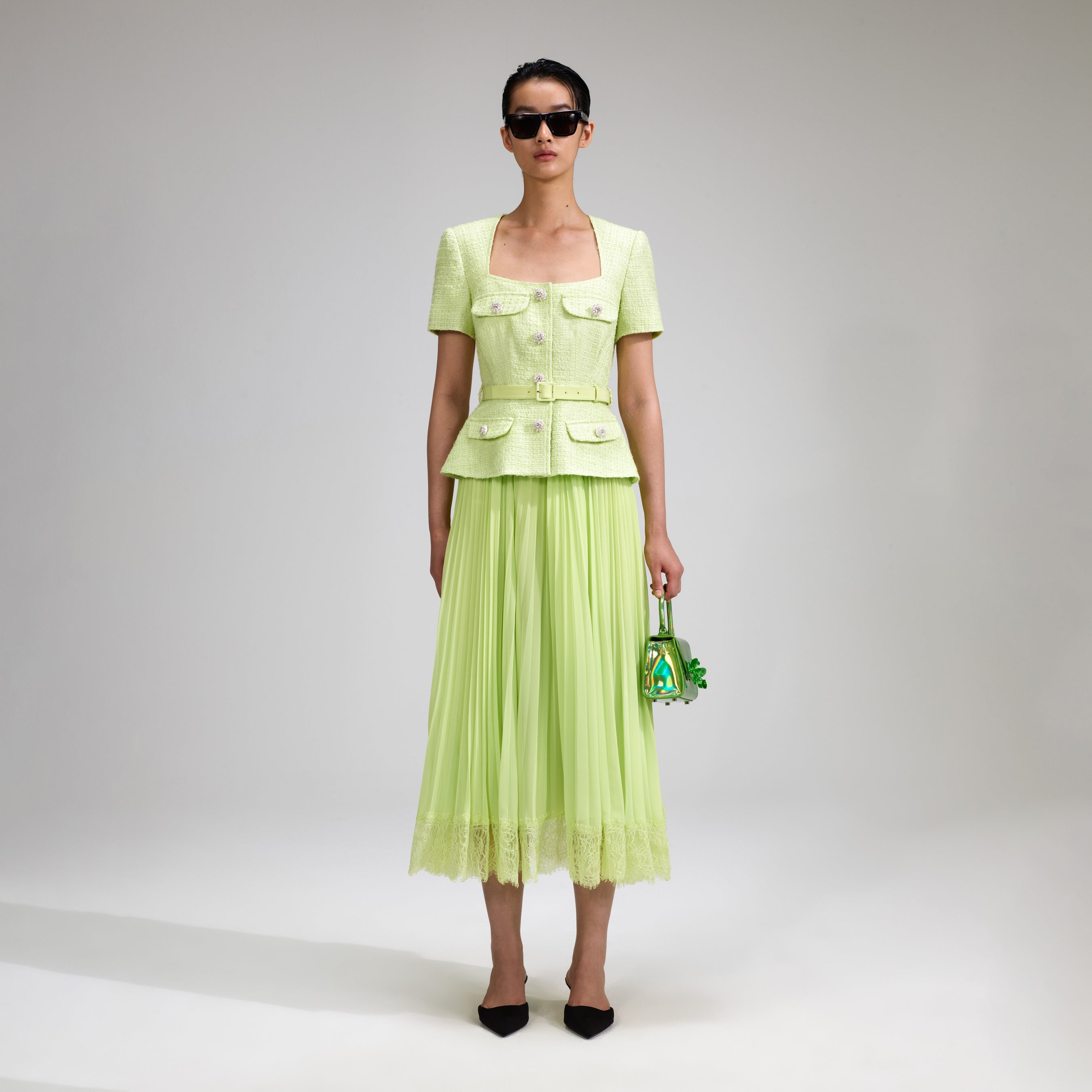 Lime Boucle Chiffon Midi Dress