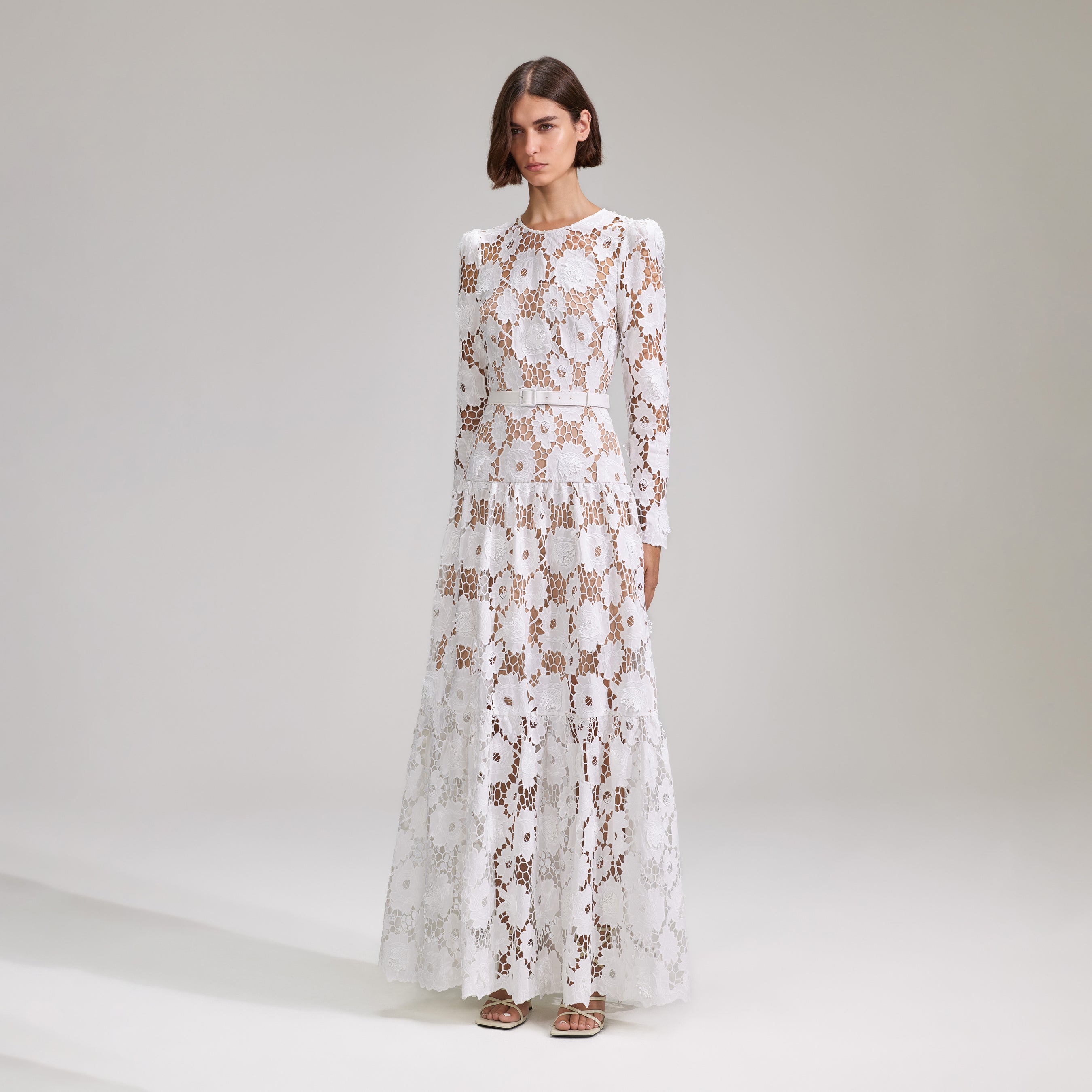 White 3D Cotton Lace Maxi Dress