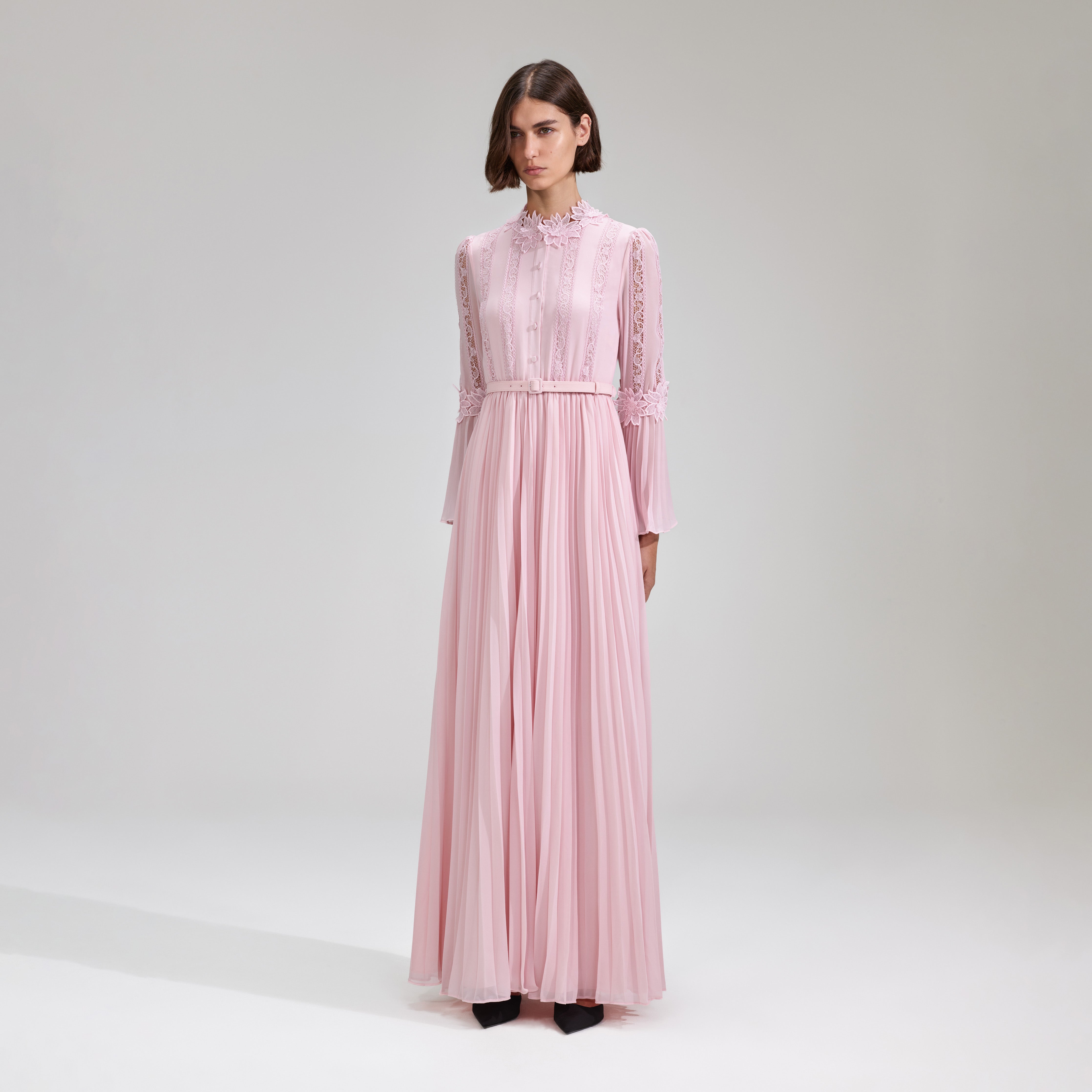 Pink Chiffon Lace Pleated Maxi Dress