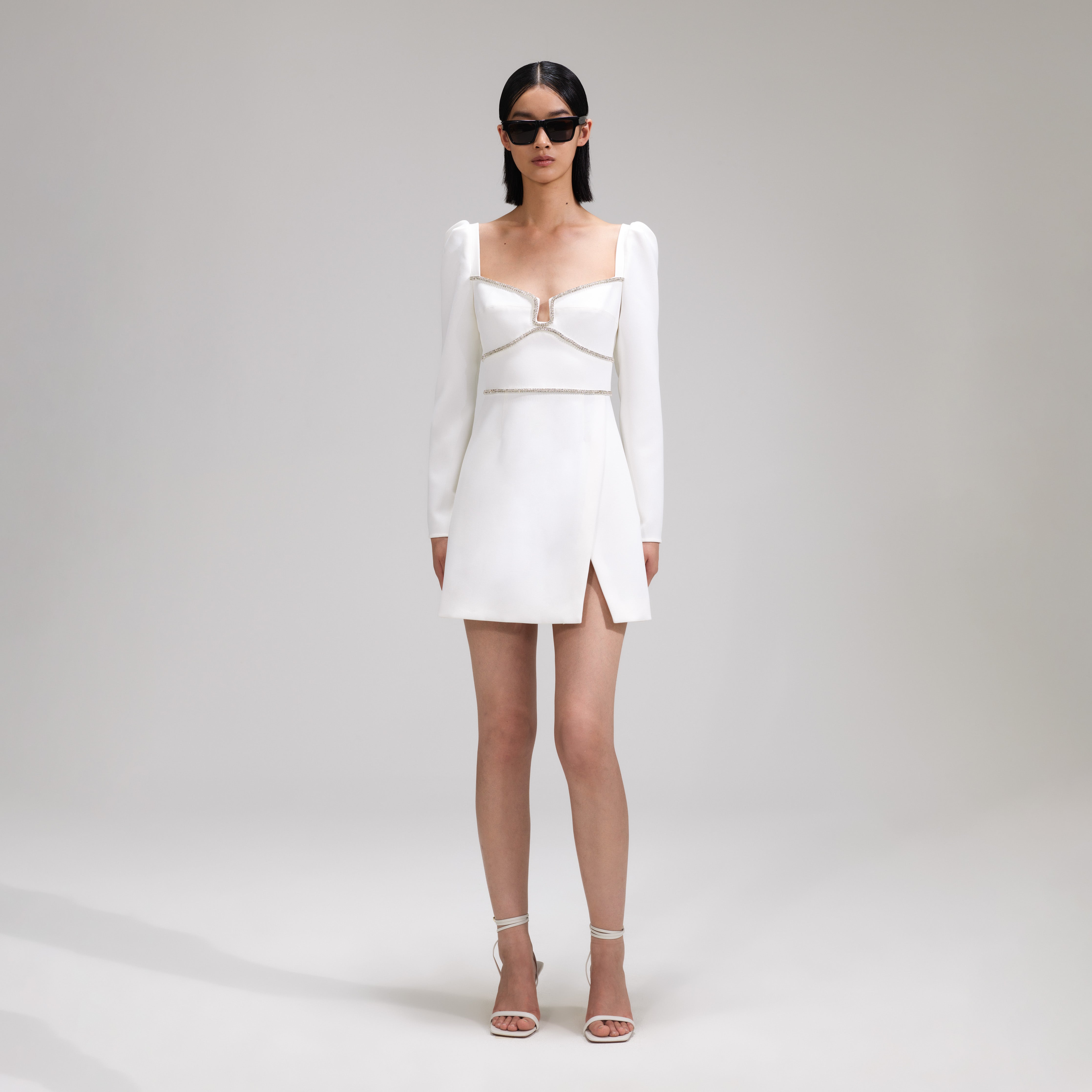 White Crepe Rhinestone Detail Mini Dress – self-portrait